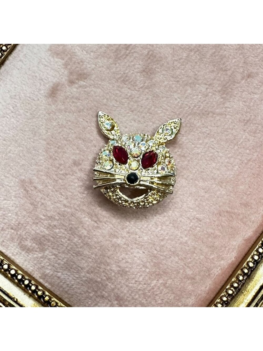 Vintage Aurora Borealis Crystal Rabbit Brooch Pin Red Rhinestone Eyes Gold-Tone